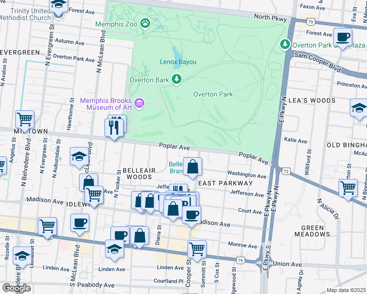 map of restaurants, bars, coffee shops, grocery stores, and more near 2090 Poplar Avenue in Memphis
