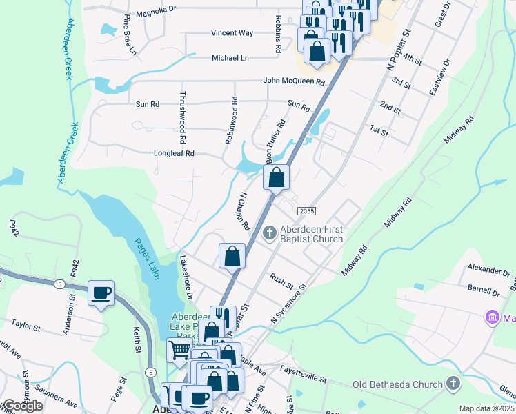 map of restaurants, bars, coffee shops, grocery stores, and more near 715 North Chestnut Street in Aberdeen