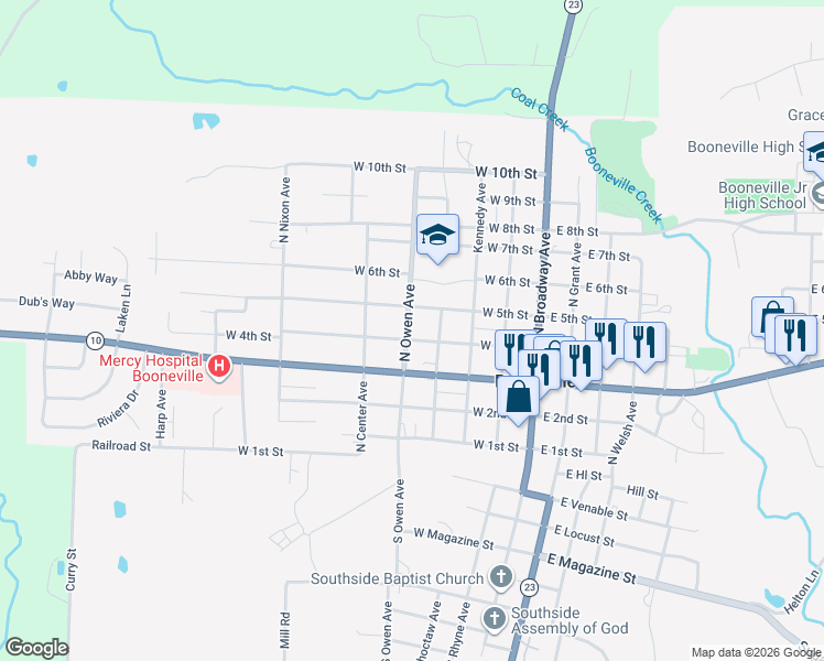 map of restaurants, bars, coffee shops, grocery stores, and more near 445 N Owen Ave in Booneville