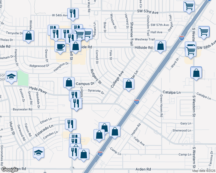 map of restaurants, bars, coffee shops, grocery stores, and more near 6215 Rutgers Street in Amarillo