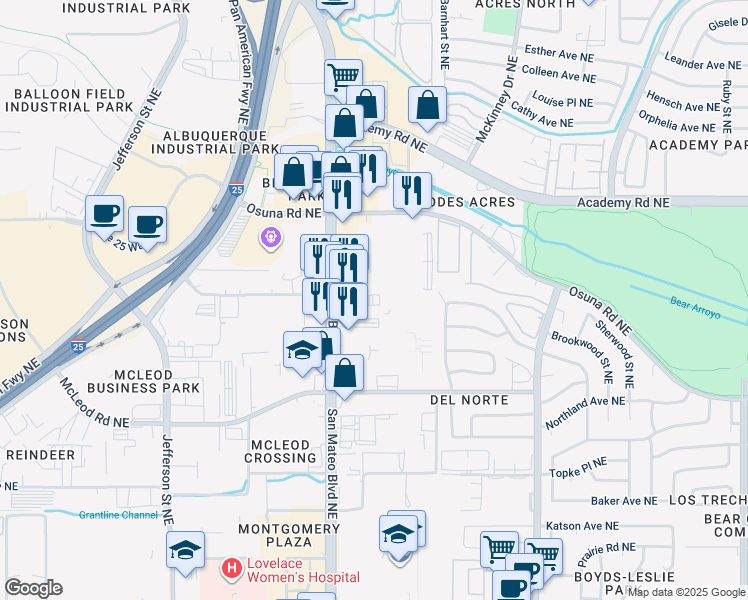 map of restaurants, bars, coffee shops, grocery stores, and more near 5412 San Mateo Boulevard Northeast in Albuquerque