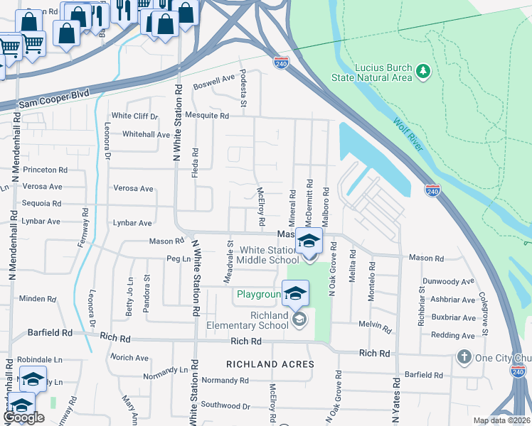 map of restaurants, bars, coffee shops, grocery stores, and more near 398 McElroy Road in Memphis