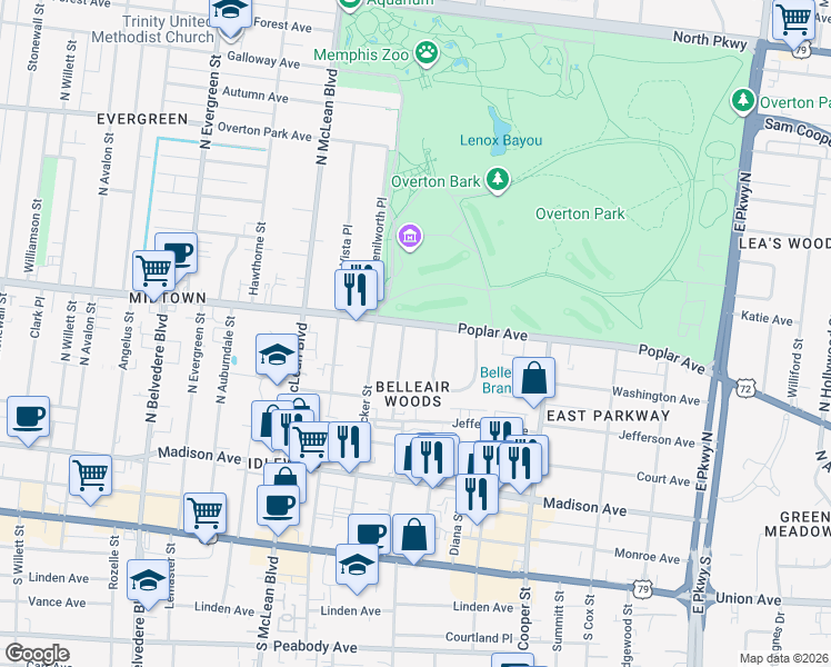 map of restaurants, bars, coffee shops, grocery stores, and more near 1973 Poplar Avenue in Memphis