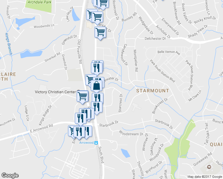 map of restaurants, bars, coffee shops, grocery stores, and more near 6618 Starcrest Drive in Charlotte