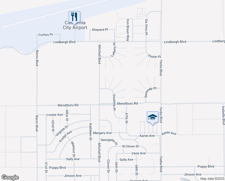 map of restaurants, bars, coffee shops, grocery stores, and more near 22100 Bader Court in California City