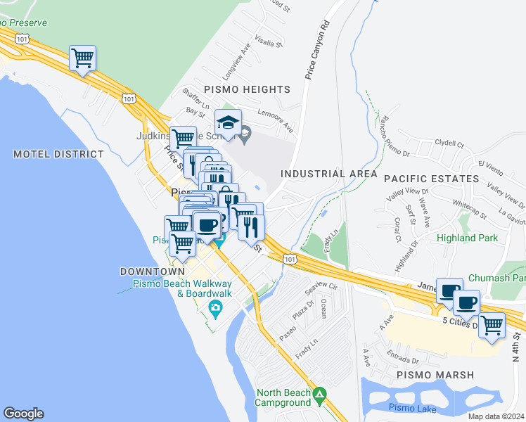 map of restaurants, bars, coffee shops, grocery stores, and more near 585 Bello Street in Pismo Beach