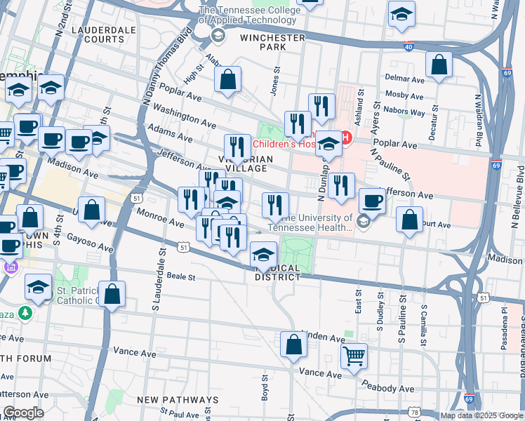 map of restaurants, bars, coffee shops, grocery stores, and more near 22 North Orleans Street in Memphis