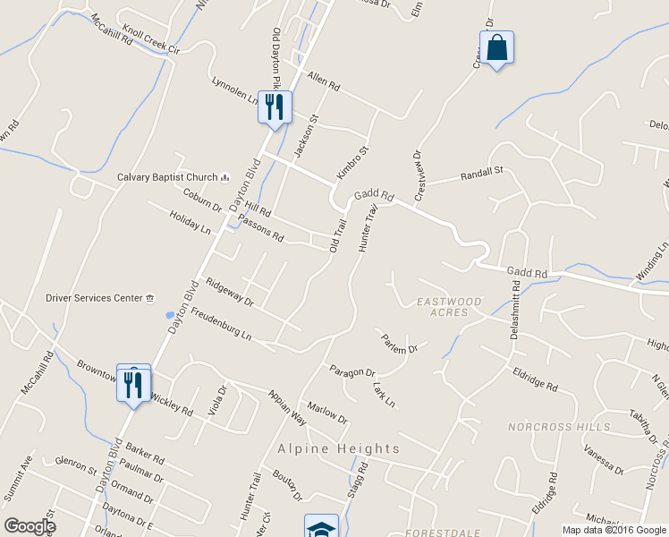 map of restaurants, bars, coffee shops, grocery stores, and more near 5338 Old Trail Road in Chattanooga