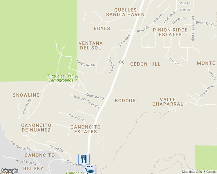 map of restaurants, bars, coffee shops, grocery stores, and more near 12303 New Mexico 14 in Cedar Crest