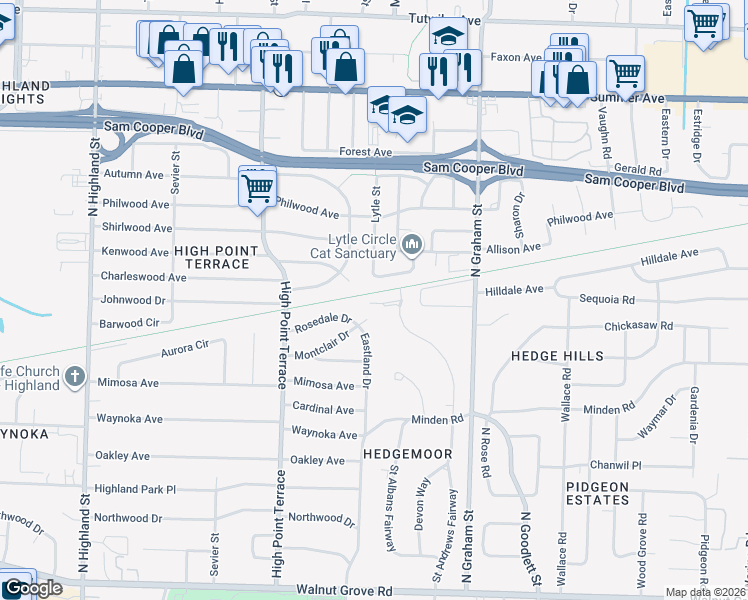 map of restaurants, bars, coffee shops, grocery stores, and more near 3860 Saint Andrews Green in Memphis