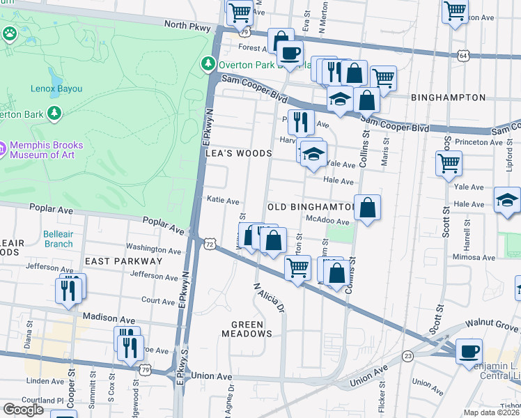 map of restaurants, bars, coffee shops, grocery stores, and more near 233 North Hollywood Street in Memphis