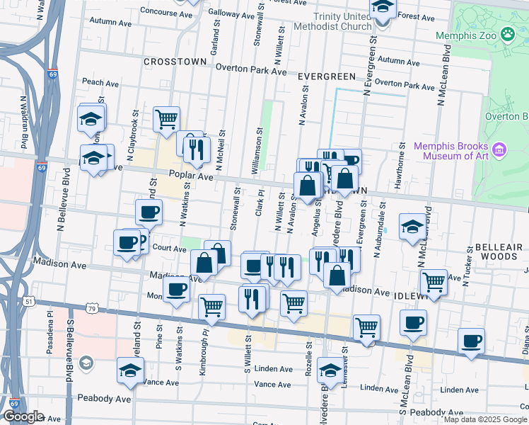 map of restaurants, bars, coffee shops, grocery stores, and more near 136 Clark Place in Memphis