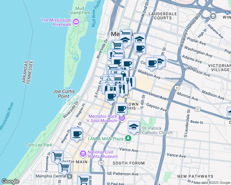 map of restaurants, bars, coffee shops, grocery stores, and more near 149 U.S. 79 in Memphis