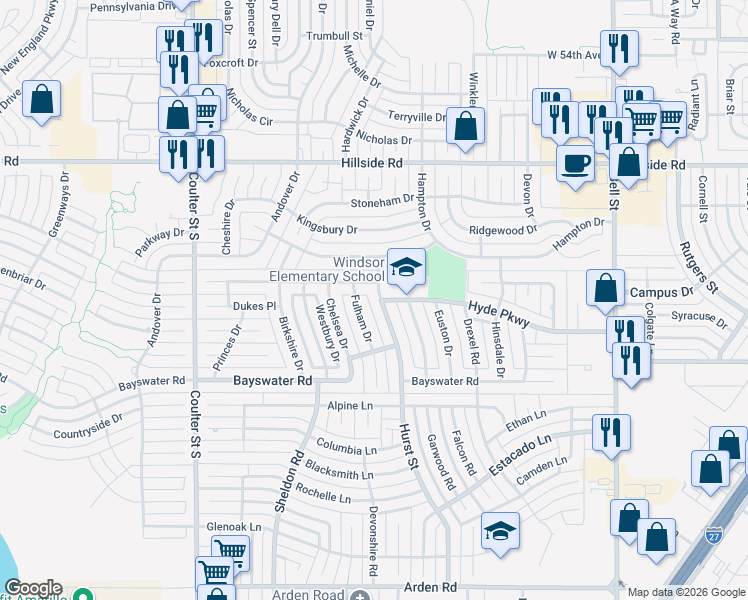 map of restaurants, bars, coffee shops, grocery stores, and more near 7005 Fulham Drive in Amarillo