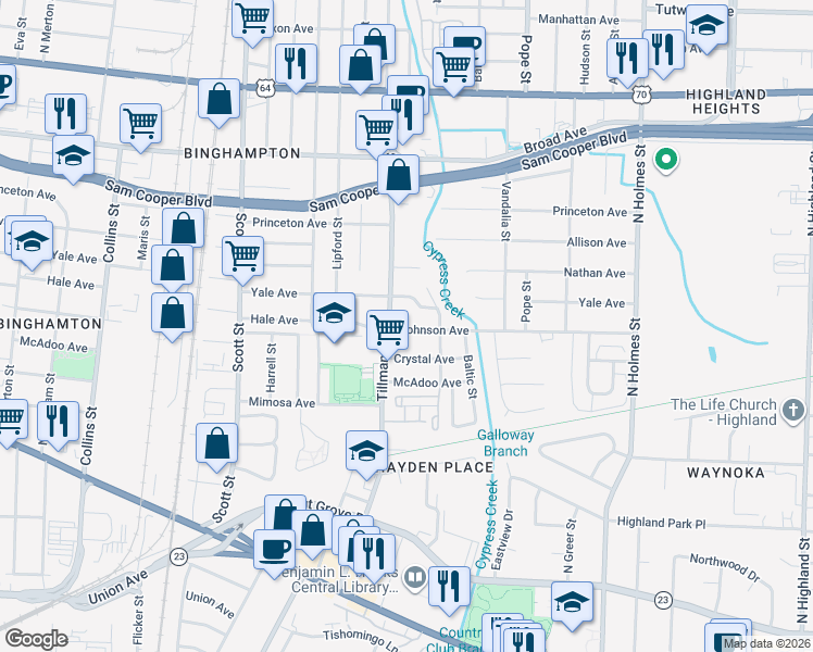 map of restaurants, bars, coffee shops, grocery stores, and more near 3010 Johnson Avenue in Memphis