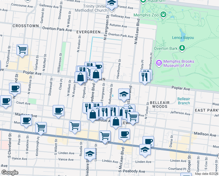 map of restaurants, bars, coffee shops, grocery stores, and more near in Memphis