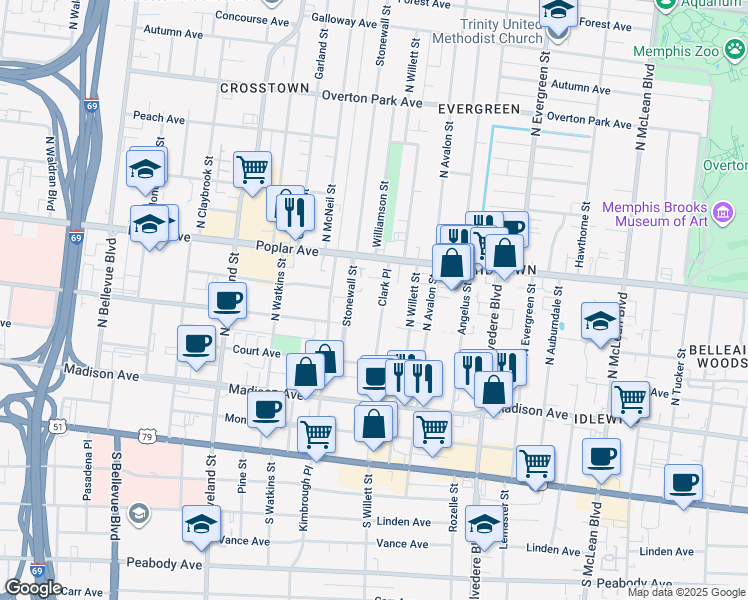 map of restaurants, bars, coffee shops, grocery stores, and more near 136 Clark Place in Memphis