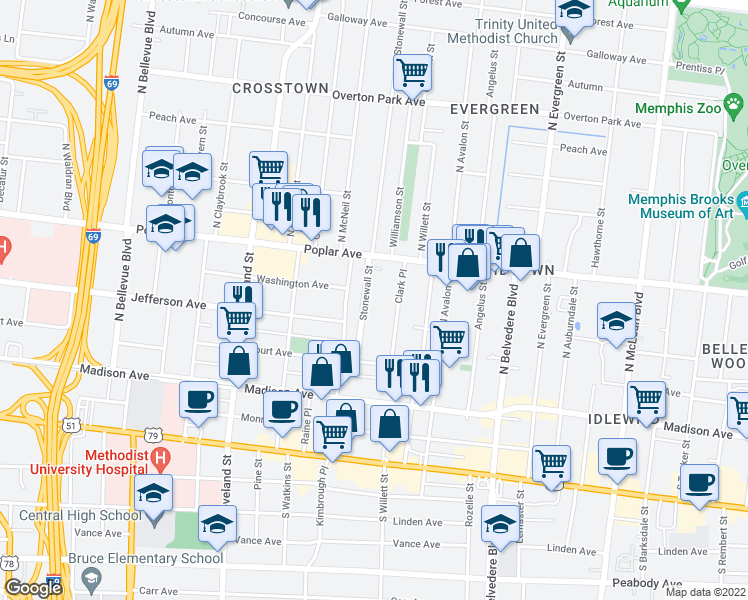 map of restaurants, bars, coffee shops, grocery stores, and more near 128 Stonewall Street in Memphis