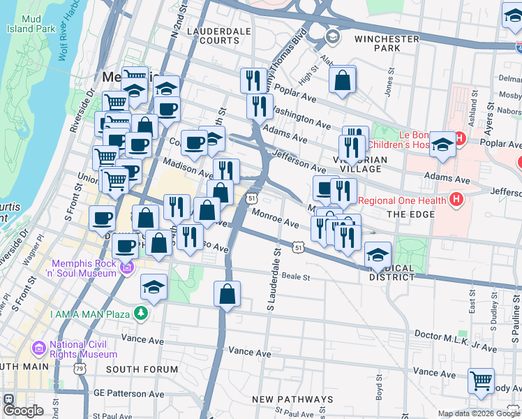 map of restaurants, bars, coffee shops, grocery stores, and more near 400 Monroe Avenue in Memphis