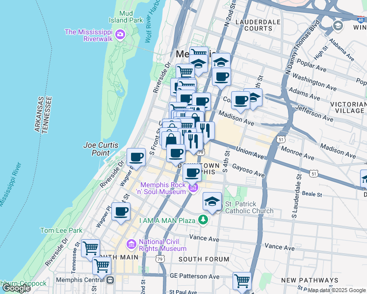 map of restaurants, bars, coffee shops, grocery stores, and more near 149 U.S. 79 in Memphis