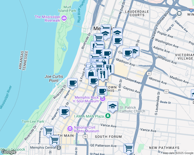 map of restaurants, bars, coffee shops, grocery stores, and more near 149 U.S. 79 in Memphis