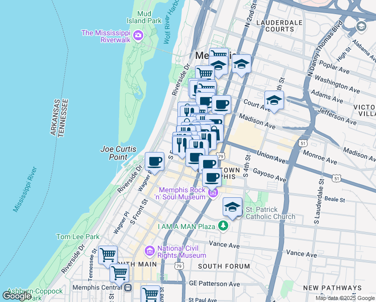 map of restaurants, bars, coffee shops, grocery stores, and more near 100 South Main Street in Memphis