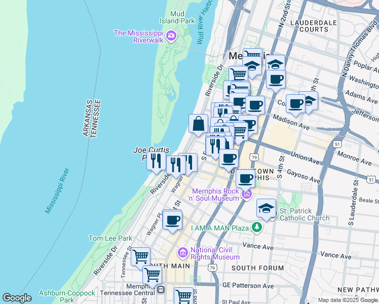 map of restaurants, bars, coffee shops, grocery stores, and more near 125 South Front Street in Memphis