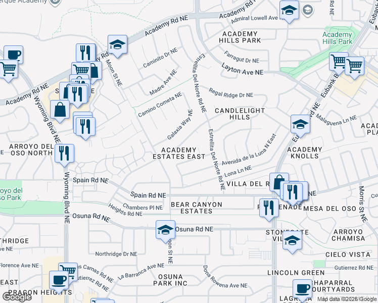 map of restaurants, bars, coffee shops, grocery stores, and more near 9117 Luna Del Oro Road Northeast in Albuquerque