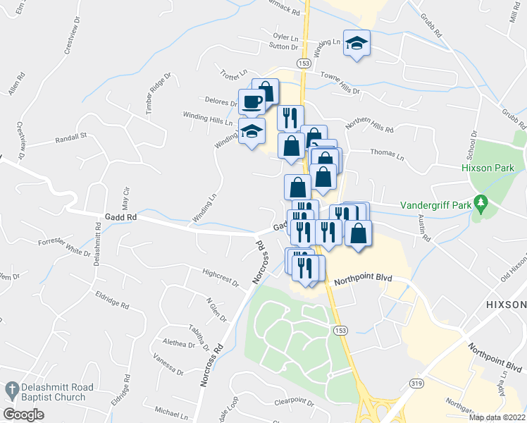 map of restaurants, bars, coffee shops, grocery stores, and more near 1005 Gadd Road in Chattanooga