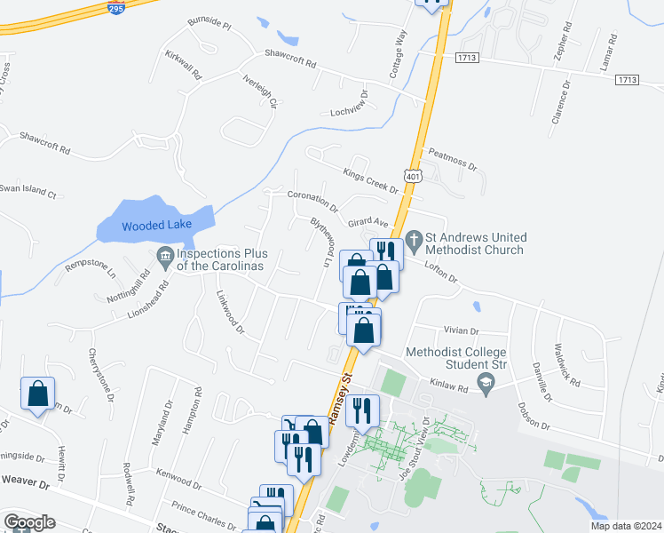 map of restaurants, bars, coffee shops, grocery stores, and more near 5622 Blythewood Lane in Fayetteville