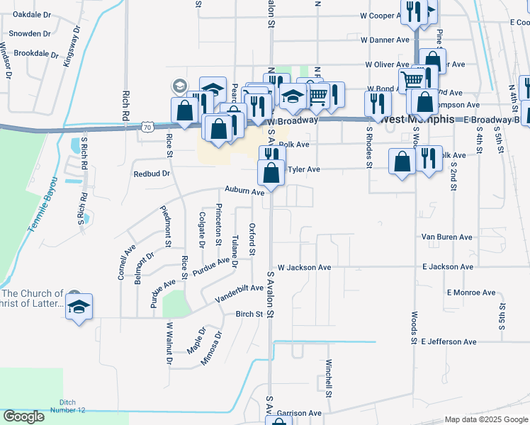 map of restaurants, bars, coffee shops, grocery stores, and more near 401 South Avalon Street in West Memphis