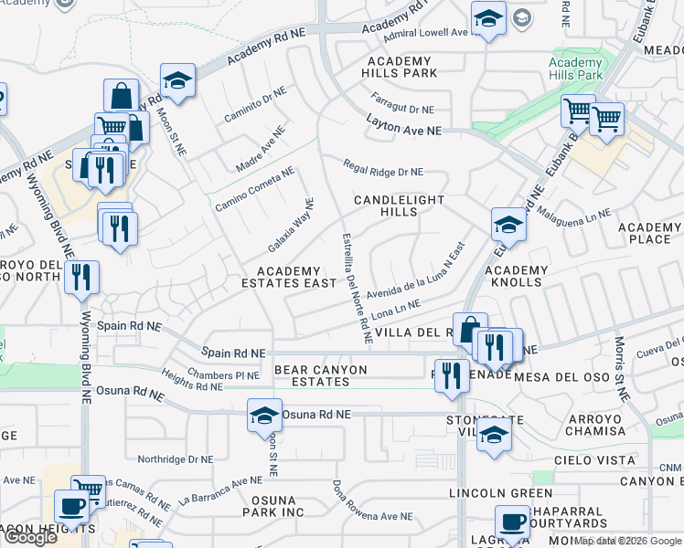 map of restaurants, bars, coffee shops, grocery stores, and more near 9305 Luna Del Oro Road Northeast in Albuquerque