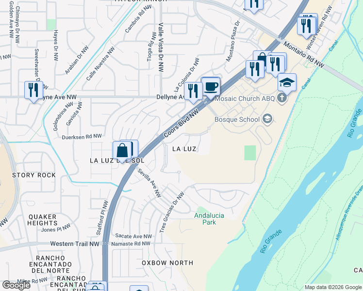 map of restaurants, bars, coffee shops, grocery stores, and more near 10 Pool Street Northwest in Albuquerque