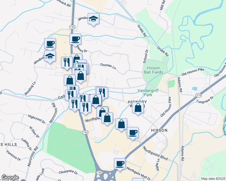 map of restaurants, bars, coffee shops, grocery stores, and more near 1238 Gadd Road in Chattanooga