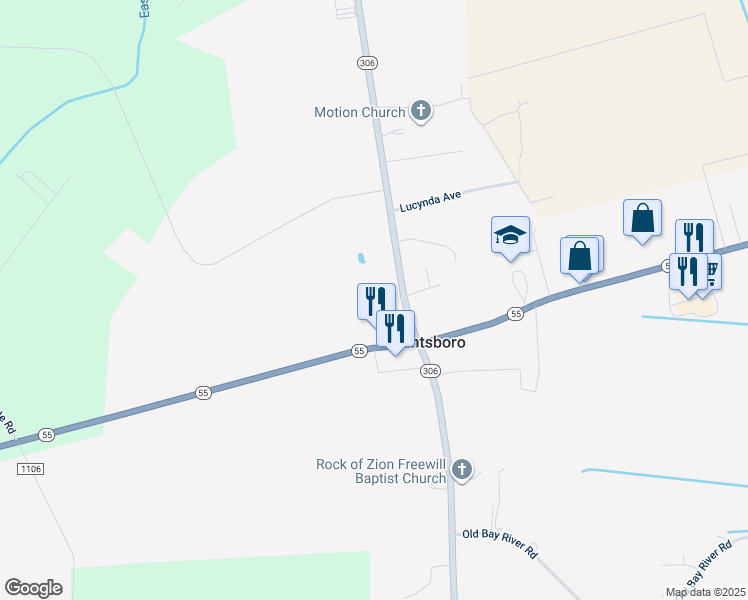 map of restaurants, bars, coffee shops, grocery stores, and more near 121 North Carolina 306 in Grantsboro