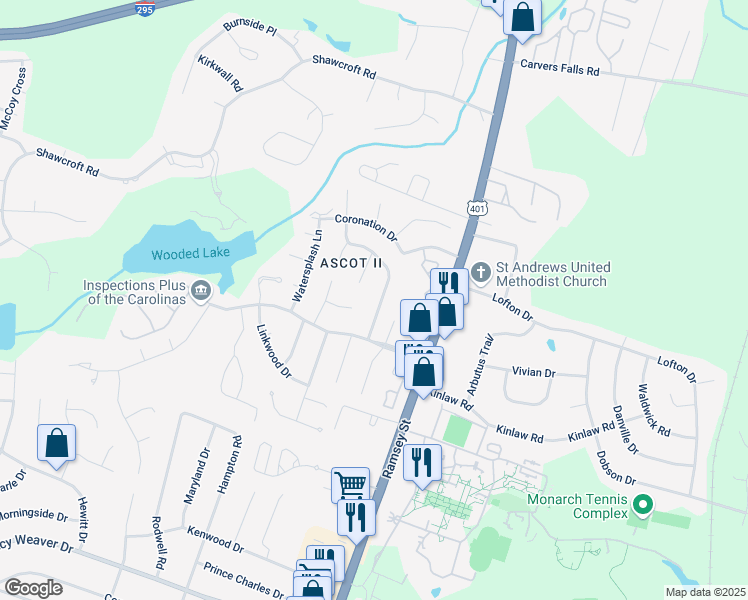 map of restaurants, bars, coffee shops, grocery stores, and more near 5622 Blythewood Lane in Fayetteville