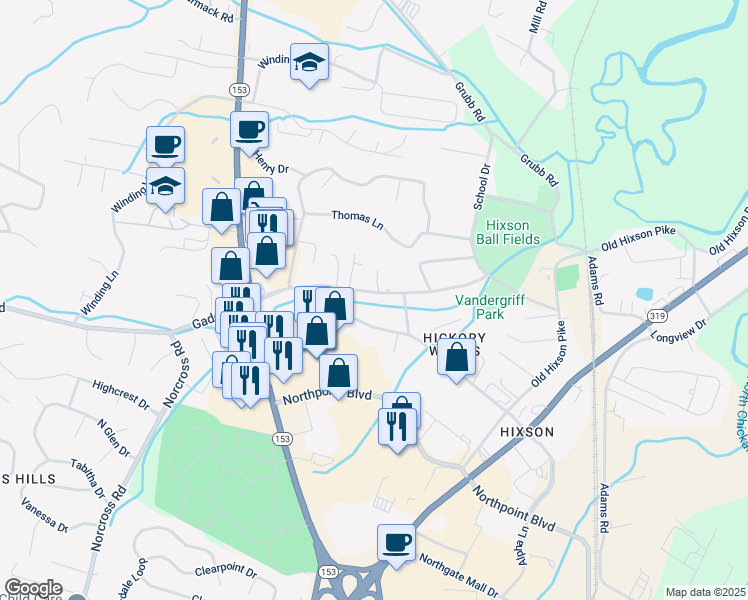 map of restaurants, bars, coffee shops, grocery stores, and more near 1238 Gadd Road in Chattanooga