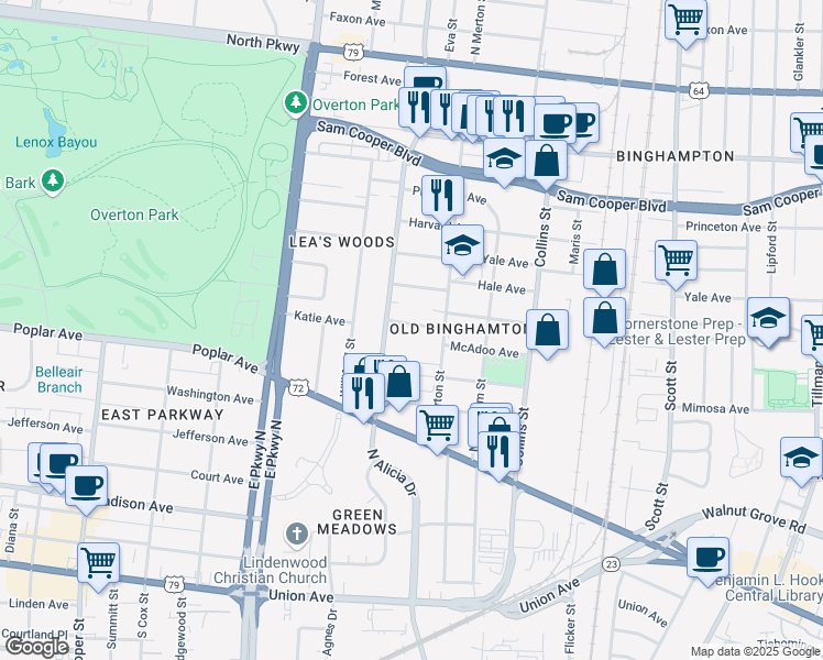 map of restaurants, bars, coffee shops, grocery stores, and more near 2485 Hollins Avenue in Memphis