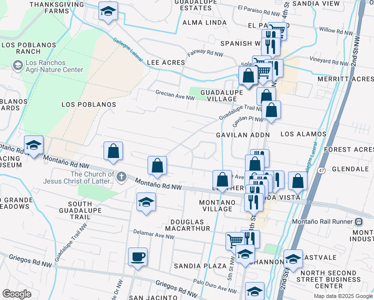 map of restaurants, bars, coffee shops, grocery stores, and more near 5713 Sandia Court Northwest in Albuquerque