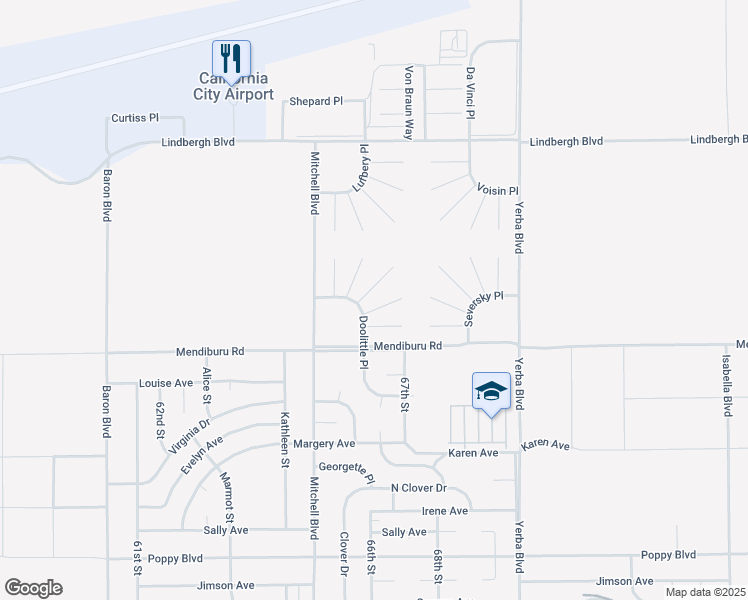 map of restaurants, bars, coffee shops, grocery stores, and more near 22100 Bader Court in California City