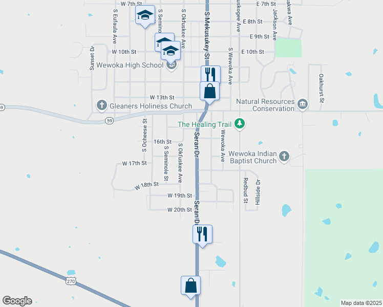 map of restaurants, bars, coffee shops, grocery stores, and more near 1611 Seran Dr in Wewoka