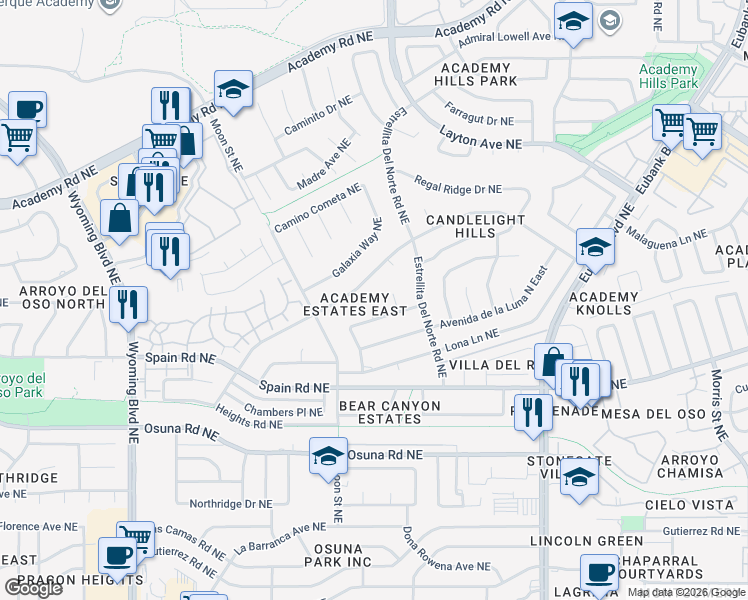 map of restaurants, bars, coffee shops, grocery stores, and more near 9117 Luna Del Oro Road Northeast in Albuquerque