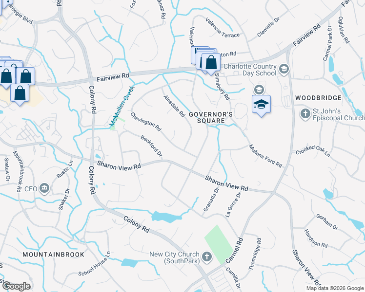 map of restaurants, bars, coffee shops, grocery stores, and more near 4211 Chevington Road in Charlotte