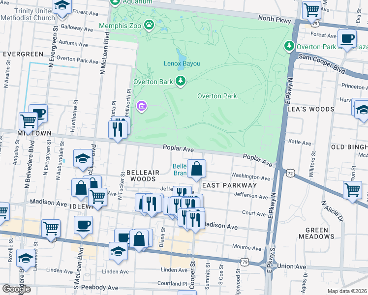 map of restaurants, bars, coffee shops, grocery stores, and more near 2080 Poplar Avenue in Memphis