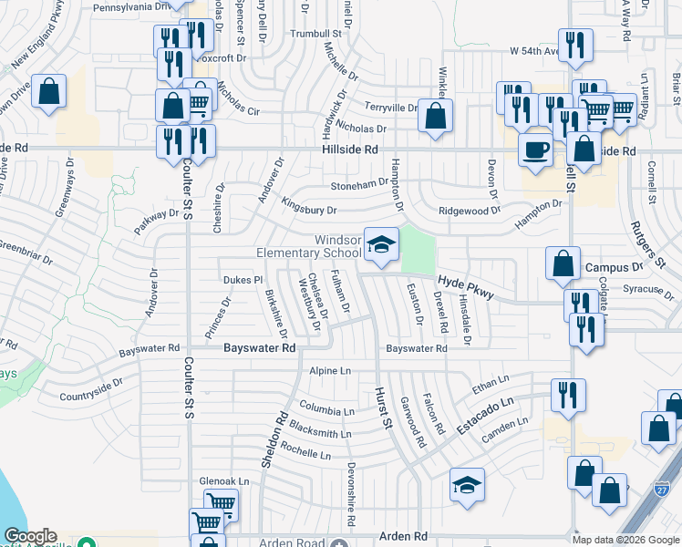map of restaurants, bars, coffee shops, grocery stores, and more near 7005 Fulham Drive in Amarillo