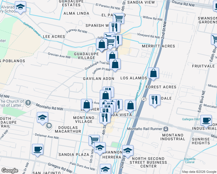 map of restaurants, bars, coffee shops, grocery stores, and more near 5821 4th Street Northwest in Albuquerque
