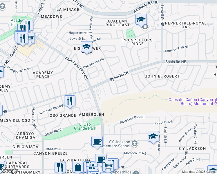 map of restaurants, bars, coffee shops, grocery stores, and more near 5301 Overlook Drive Northeast in Albuquerque