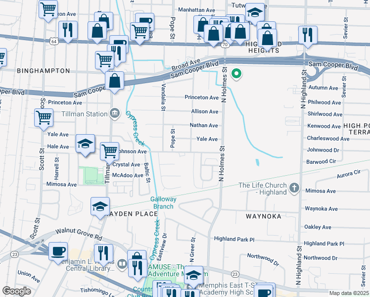 map of restaurants, bars, coffee shops, grocery stores, and more near 3190 Johnson Avenue in Memphis