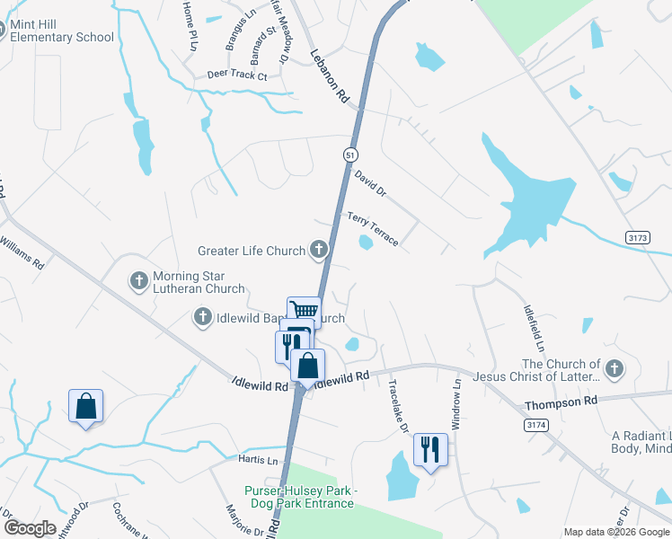 map of restaurants, bars, coffee shops, grocery stores, and more near 3816 Matthews-Mint Hill Road in Matthews