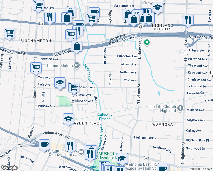 map of restaurants, bars, coffee shops, grocery stores, and more near 356 Vandalia Street in Memphis